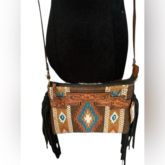 Rafter T Ranch Co Handbags - NWT Rafter T Aztec Crossbody w/ Tooled Leather and Fringe Accents